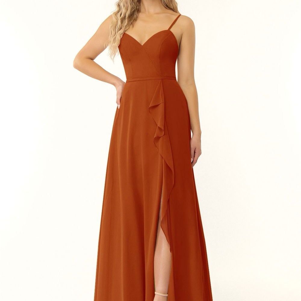 Azazie Brown and Orange Ruffled Slit Gown